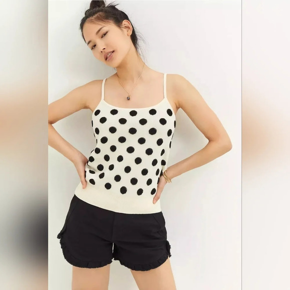 Anthropologie Maeve Ivory Tank Black Raised Polka-dot Size Large - Picture 1 of 7